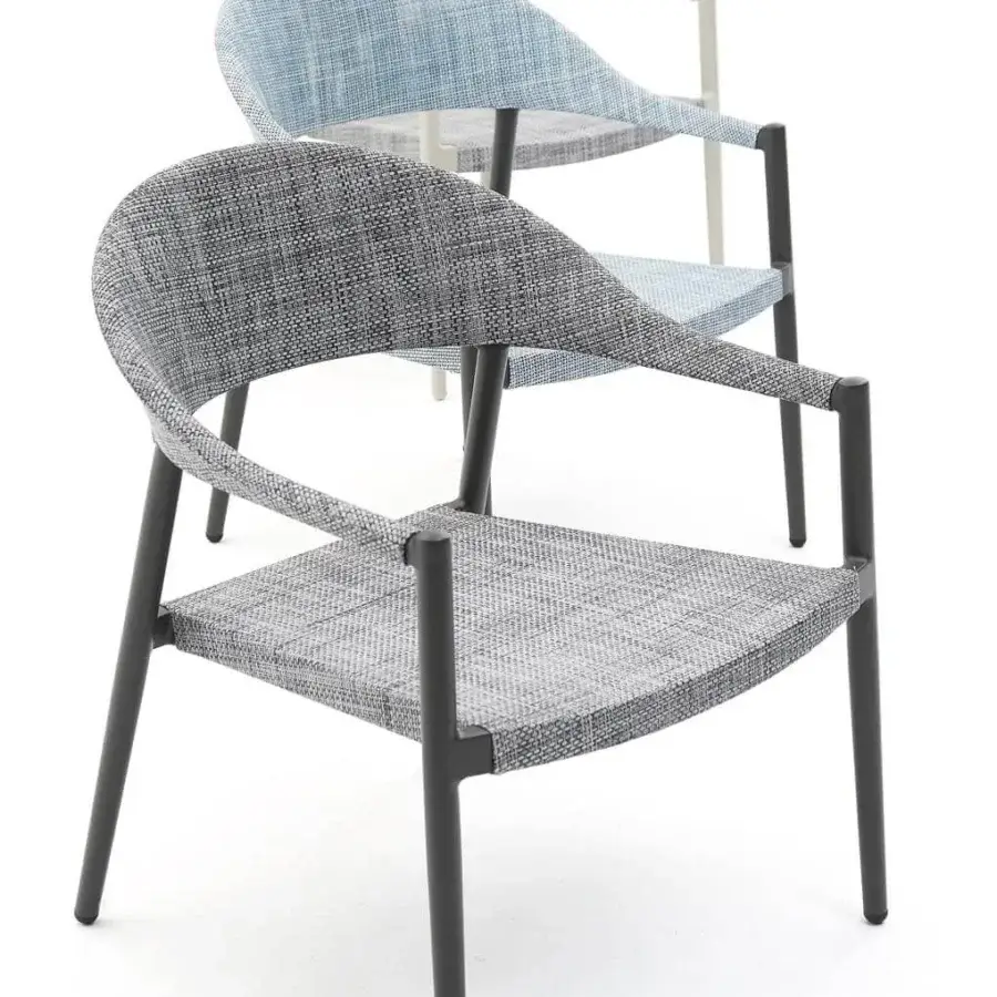 Distinguished Varaschin Clever lounge chair with a gently curved silhouette and muted gray VAR#TEX technical fabric frame