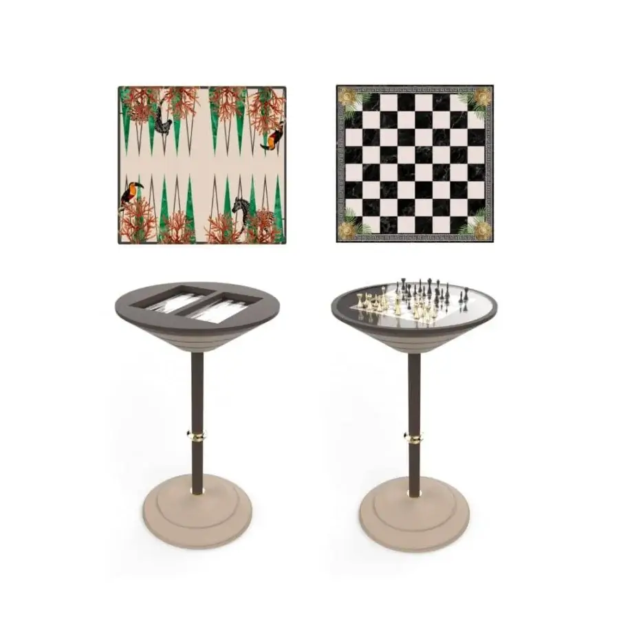 Exclusive Vismara Goemon chess table with airbrushed glass board built into a matt lacquered neutral toned structure and metal details