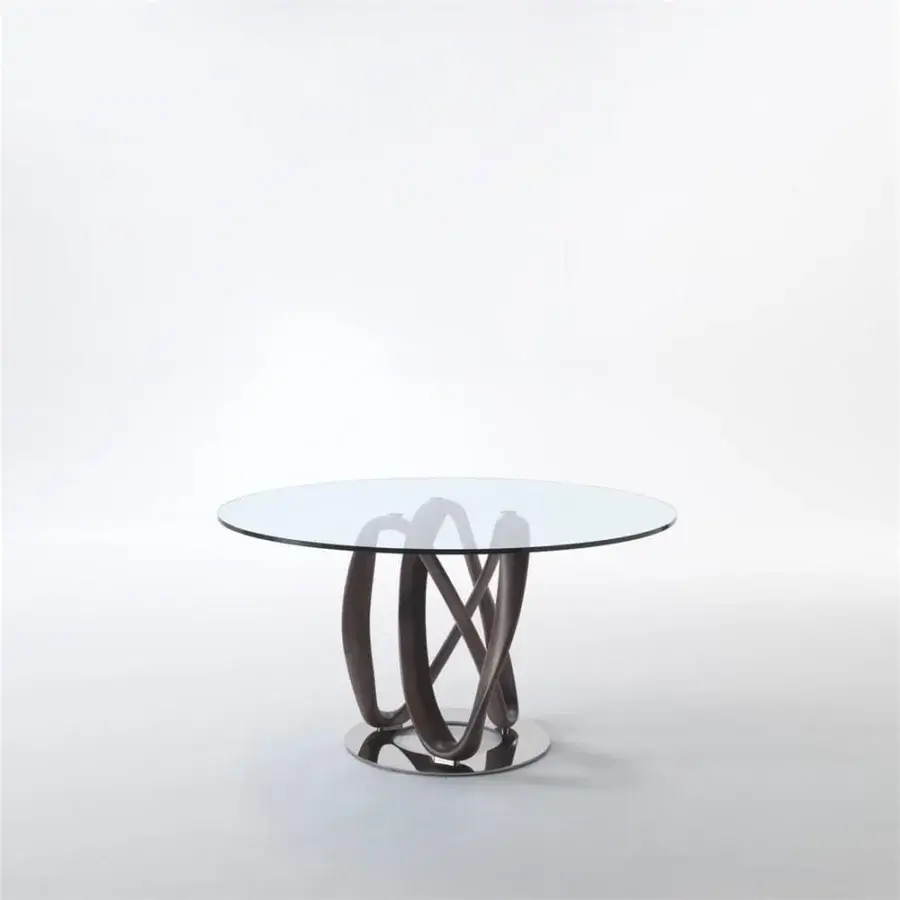 Captivating Porada Infinity table with clear tempered glass and a sculptural Canaletto walnut wengé stained base with chrome plated finish
