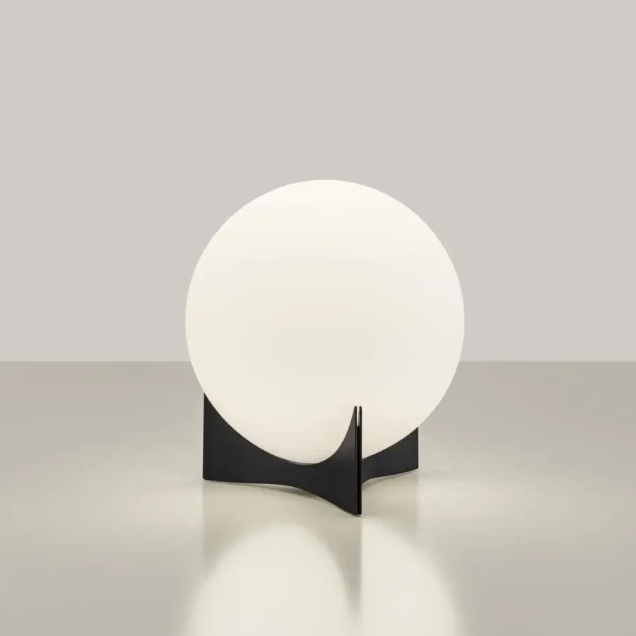 Elegant Terzani Oscar lamp with a white glass orb delicately held by a curved dark matte base