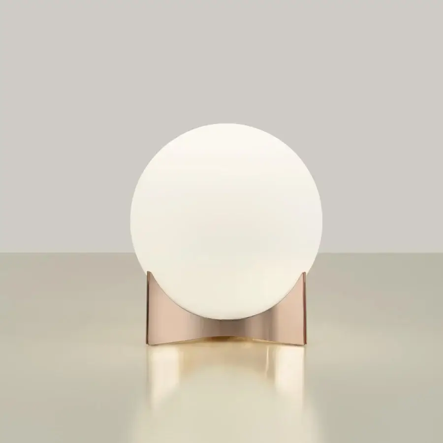 Superior Terzani Oscar lamp with a white glass orb delicately built within a glossy copper-toned metal structure