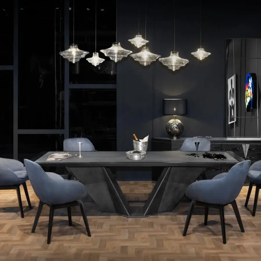 Exclusive WAYNE Enterprises WE-126 floor lamp with rounded form and muted blue upholstery in a smooth matte textile finish