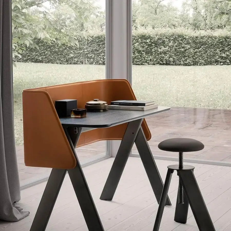 Elegant Presotto Squid stool with fabric seat and black epoxy finish showcases minimalist lines with visible hardware