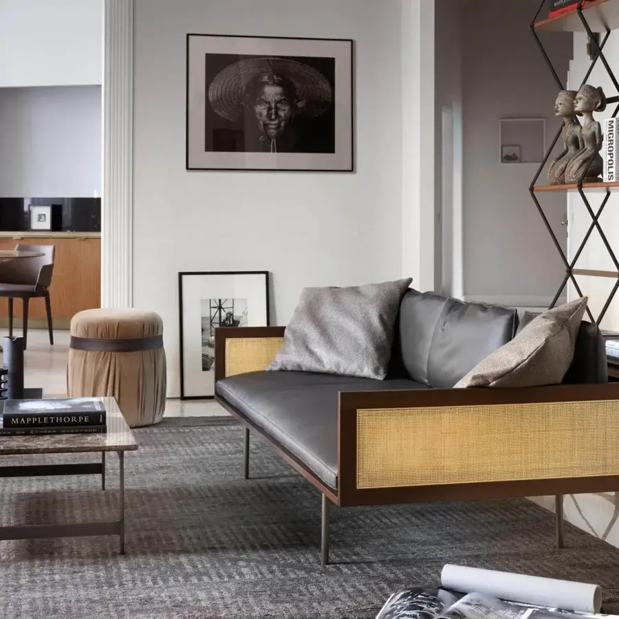 Exceptional Potocco Herm indoor ottoman in light tan upholstery with a darker brown fabric belt and skilled tailoring