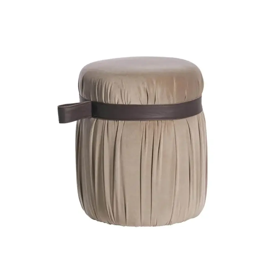 Distinguished Potocco Herm indoor ottoman crafted in muted beige fabric with a tailored dark brown leather belt and handle