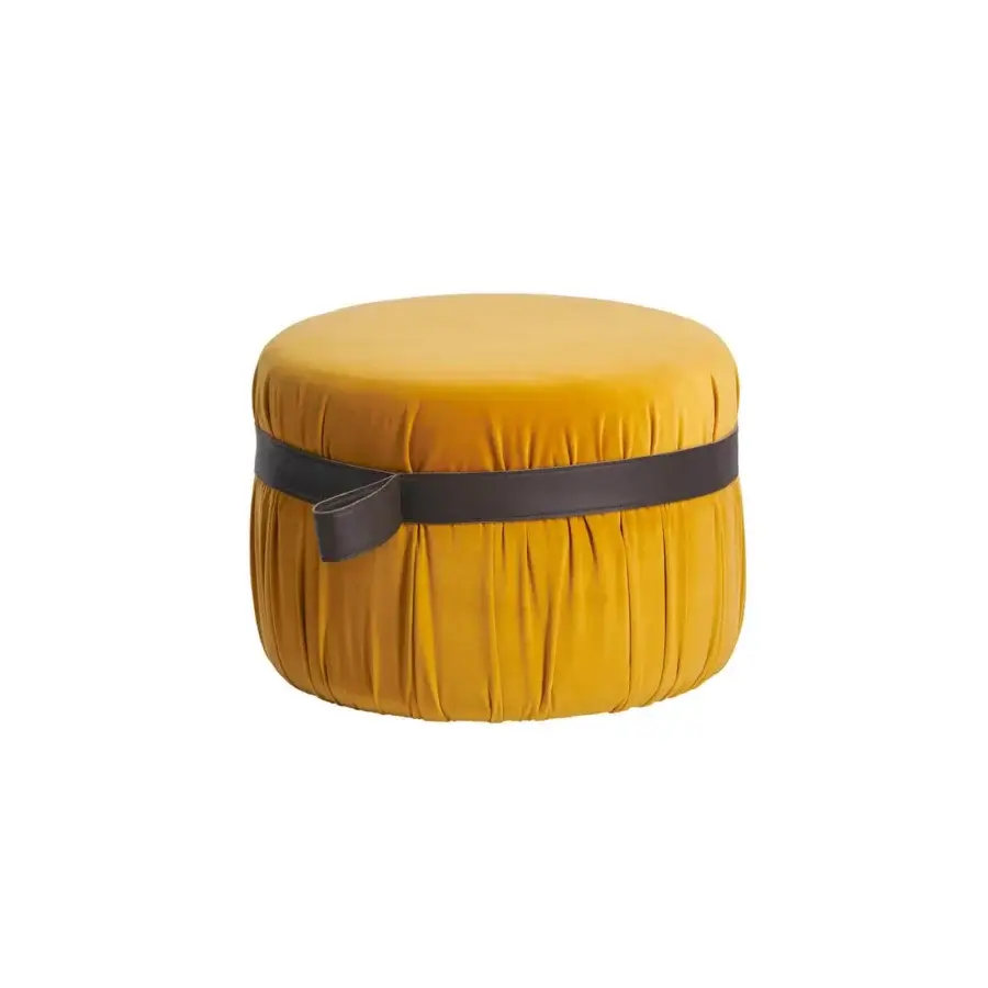 Exceptional Potocco Herm indoor ottoman in velvety mustard yellow textile with dark brown leather belt detail and visible stitching