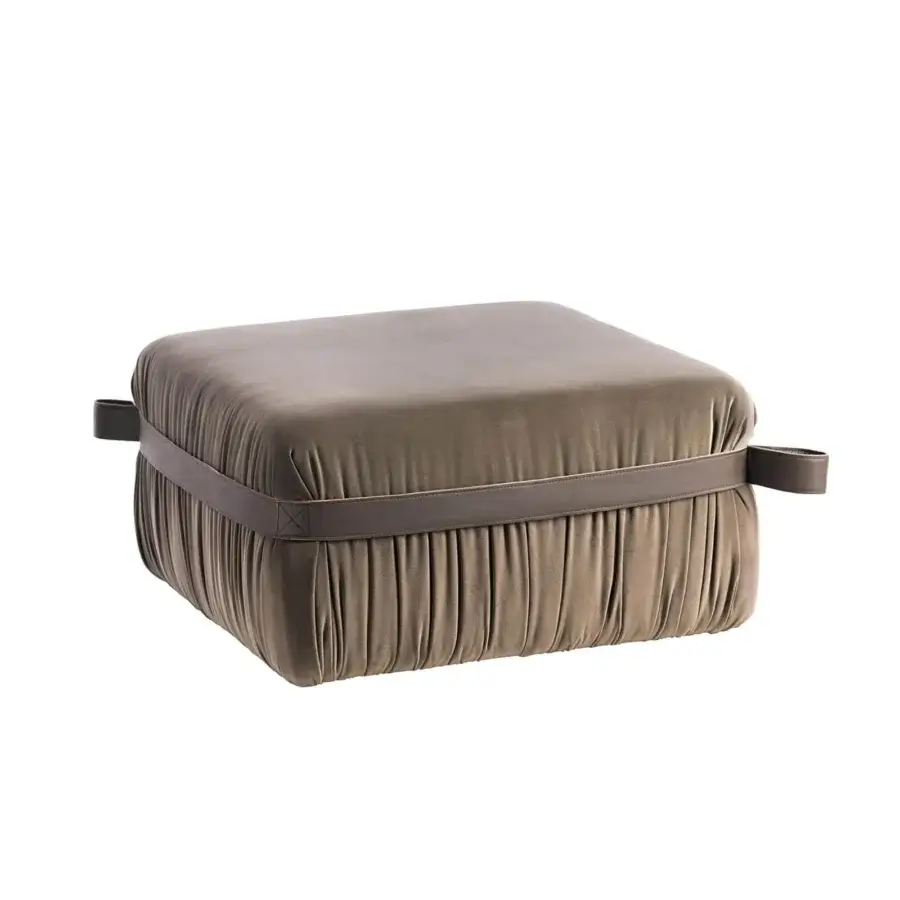 Superior Potocco Herm indoor ottoman in muted olive-brown textile with a matte finish and smooth brown leather belt detail