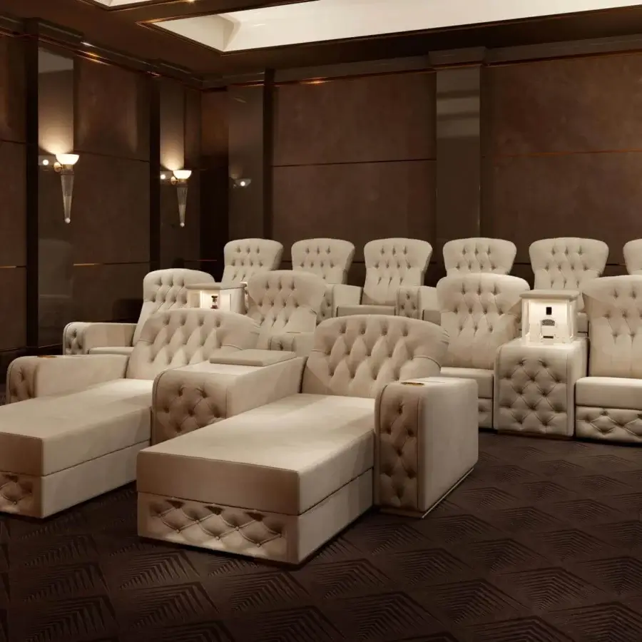 Elegant Vismara Chest home cinema seating in light beige textile with tufted detailing and lacquered wood top with matt finish