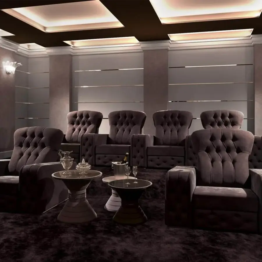 Exceptional Vismara Chest home cinema seating in deep brown textile with matte finish and tufted detailing