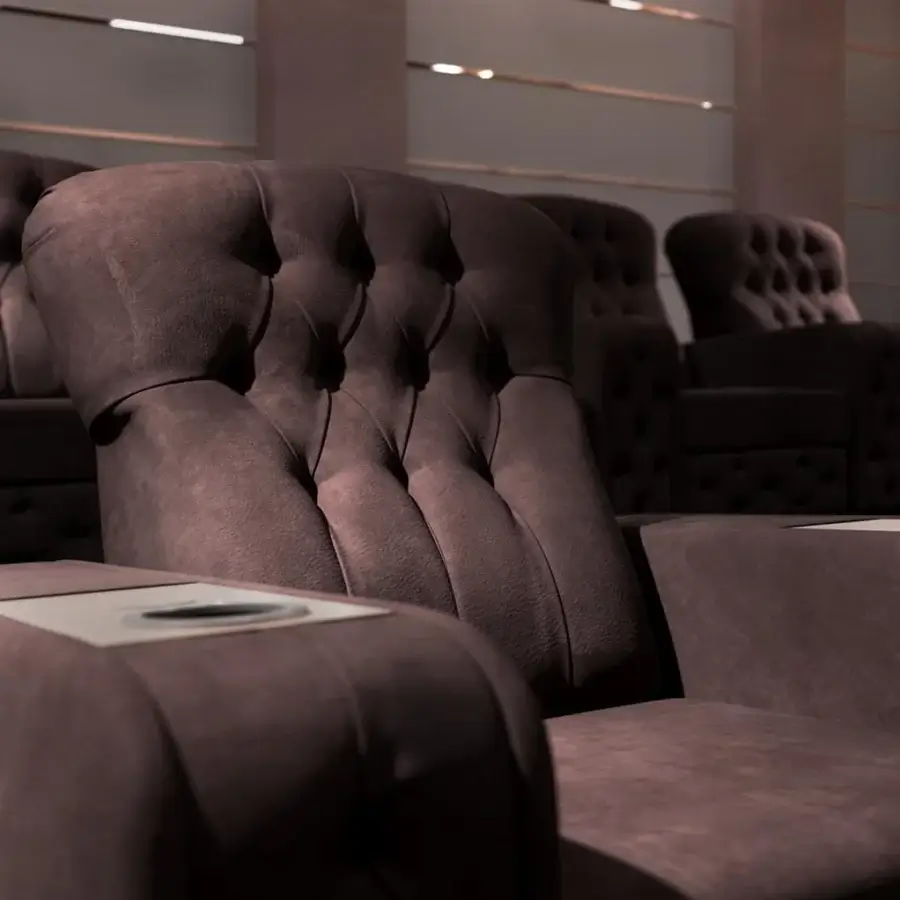 Lavish Vismara Chest home cinema seating crafted in muted brown fabric with button-tufted detailing and lacquered wood top