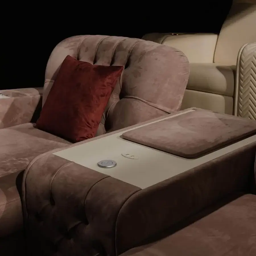 Distinguished Vismara Chest home cinema seating in mauve velvet-like textile with tufted detailing and lacquered wood top