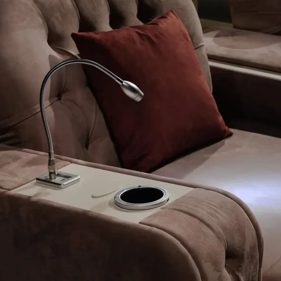 Distinguished Vismara Chest home cinema seating in warm brown textile with tufted detailing and lacquered beige wood with chrome steel cupholders