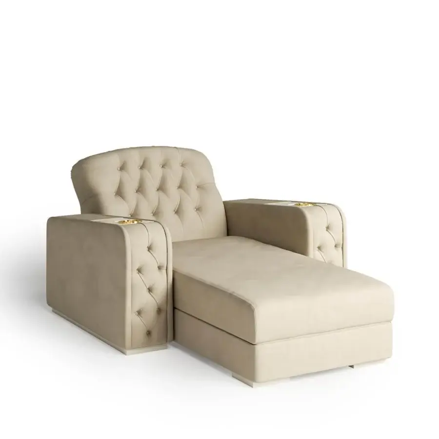 Distinguished Vismara Chest home cinema seating with light beige fabric upholstery and lacquered wood top in a refined matt finish