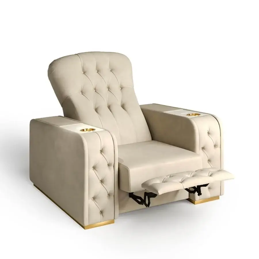 Superior Vismara Chest home cinema seating in light beige fabric with tufted detailing and lacquered wood top