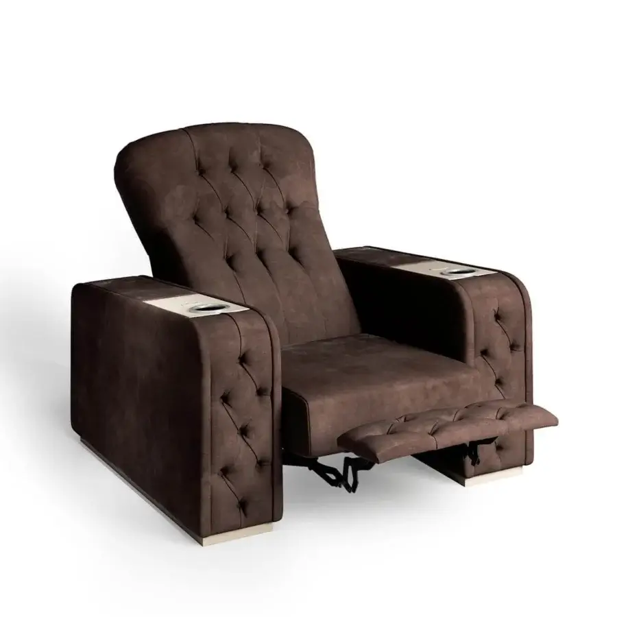 Distinguished Vismara Chest home cinema seating crafted in rich brown textile with lacquered wood and chrome steel cupholders
