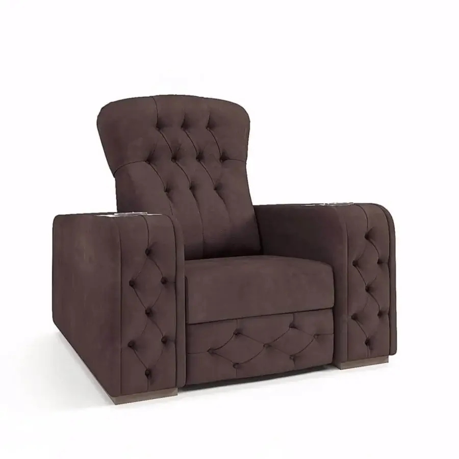 Elegant Vismara Chest home cinema seating upholstered in dark brown textile with deep button-tufted detailing and a boxy silhouette