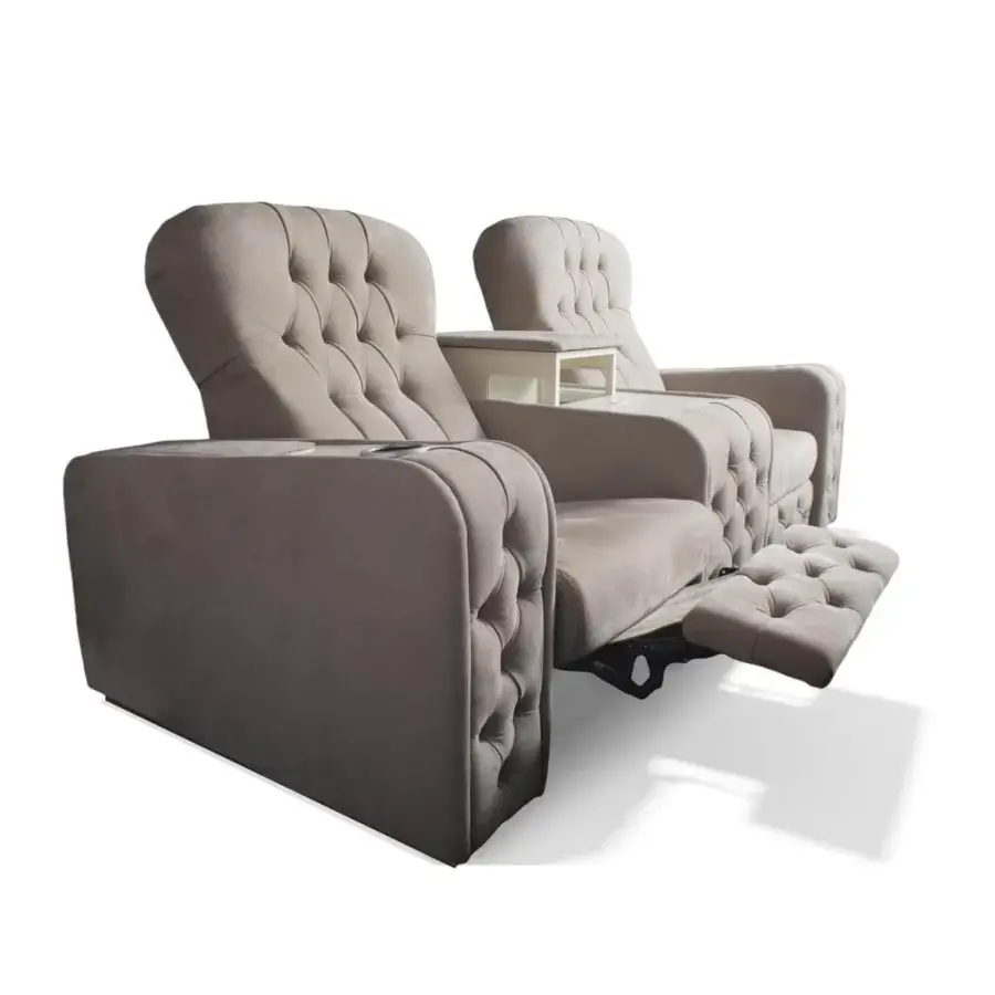 Distinctive Vismara Chest home cinema seating upholstered in soft gray-beige fabric with lacquered wood console and chrome steel cupholders