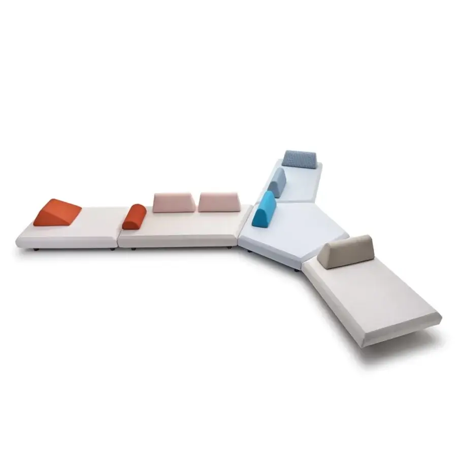 Lavish Varaschin Bento sectional upholstered in textile with pastel hues and matte finish, crafted with okume solid wood and aluminum feet