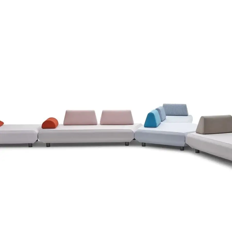 Superior Varaschin Bento sectional upholstered in light gray textile with okume solid wood and colorful cushions