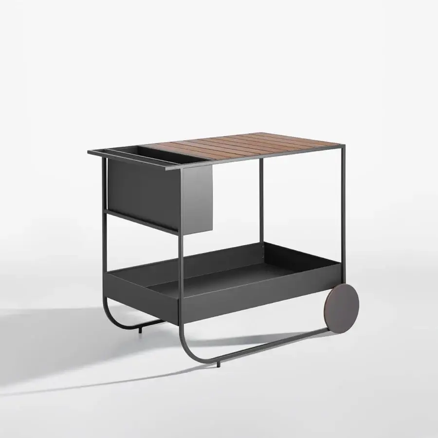 Distinguished Potocco Butler bar cart with dark Iroko wood top and minimalist dark metal frame built with integrated wheels