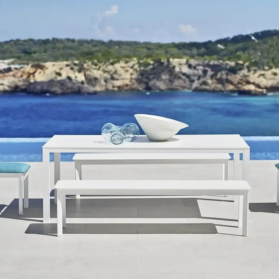 Superior Varaschin System bench with bright fabric padding and powder-coated aluminum structure for elegant outdoor use