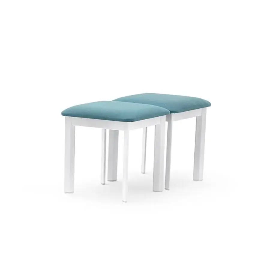 Distinguished Varaschin System bench with teal fabric padding and a matte white powder-coated aluminum frame