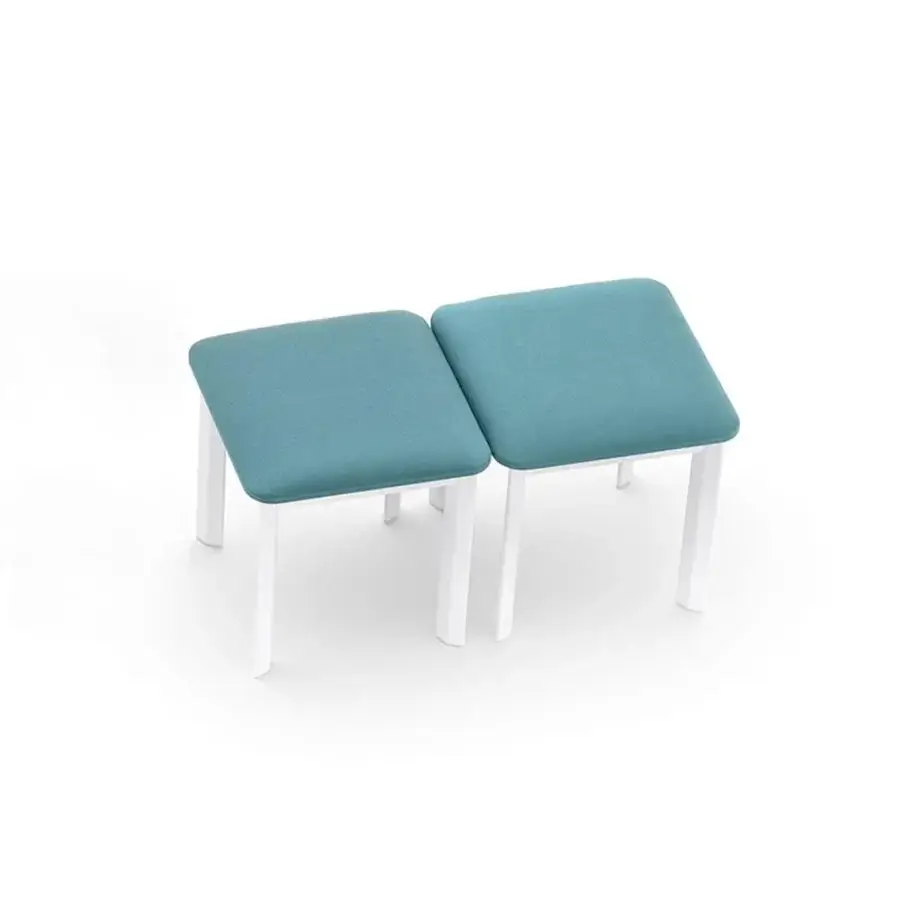 Elegant Varaschin System bench with powder-coated aluminum structure and uniform matte teal upholstery with white legs