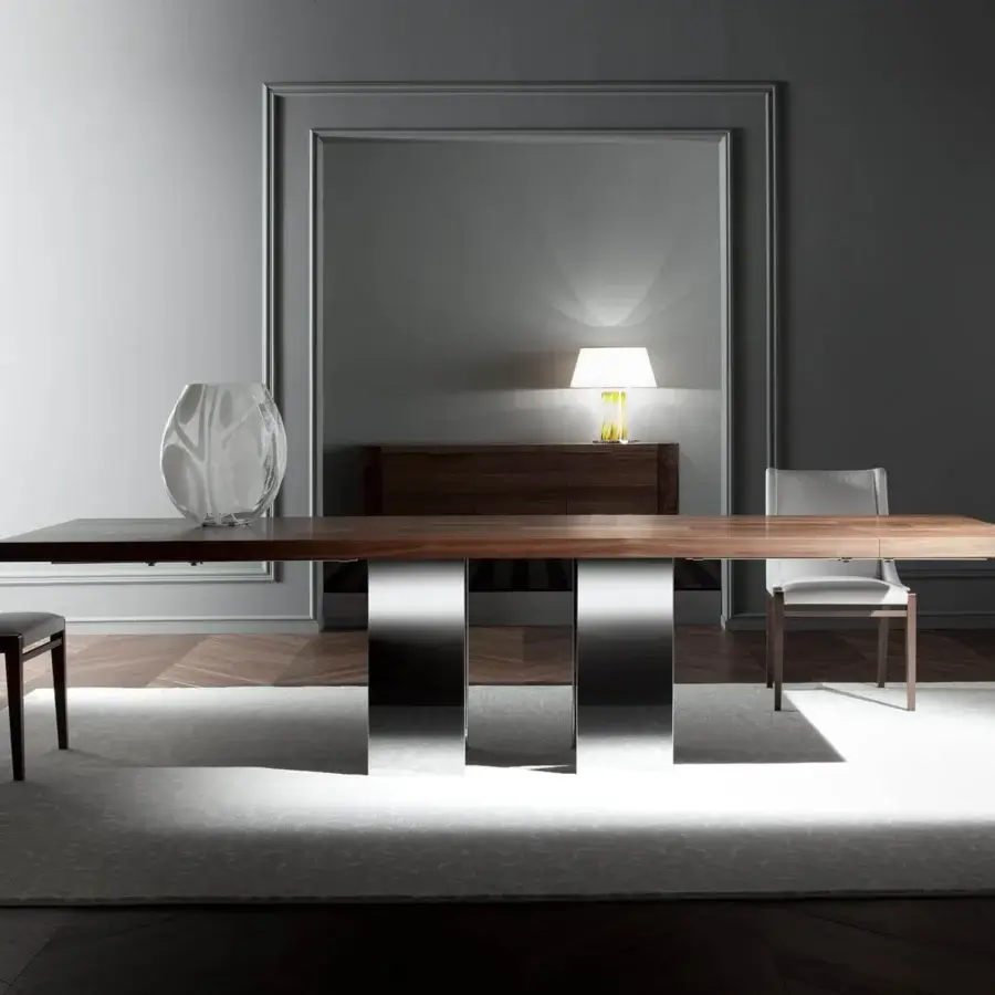 Distinguished Costantini Pietro Soho table with beech wood top and reflective stainless steel legs in a medium brown finish