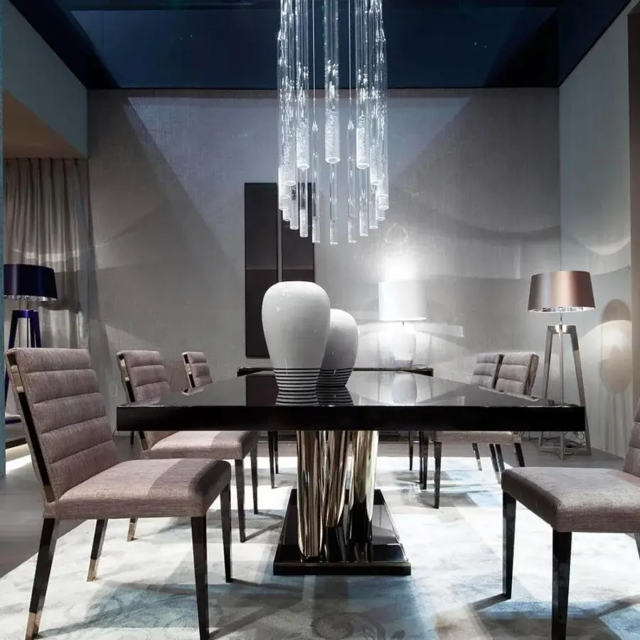 Superior Costantini Pietro Status table with a glossy black beech wood top and polished stainless steel pedestal base