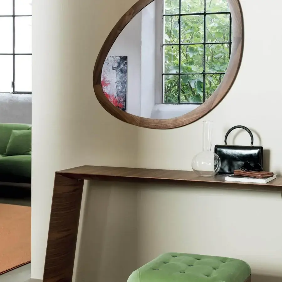 Distinguished Porada Webby ottoman with tufted seat in muted green textile and matte canaletto walnut frame