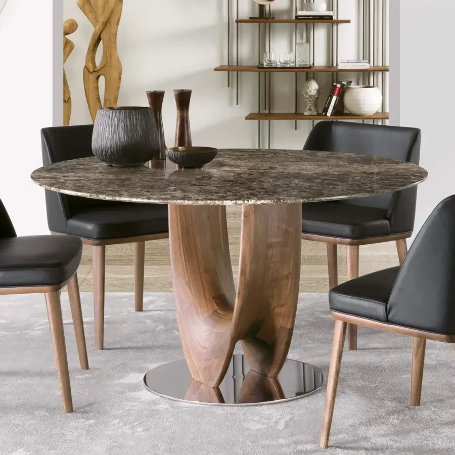 Exceptional Pacini & Cappellini Axis table with a refined natural marble top and sculptural curved wooden base crafted with a chromed metal plate
