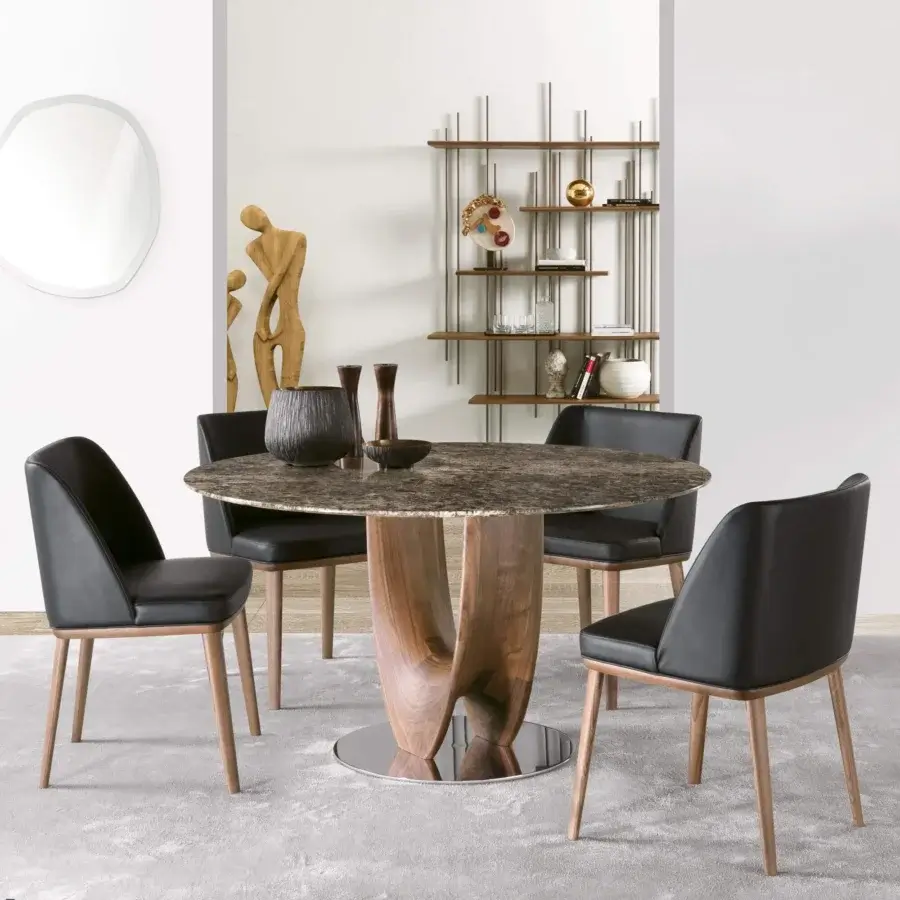 Superior Pacini & Cappellini Axis table with a marbled brown veneered wood top and curved medium-toned wooden base connected to a chromed metal plate