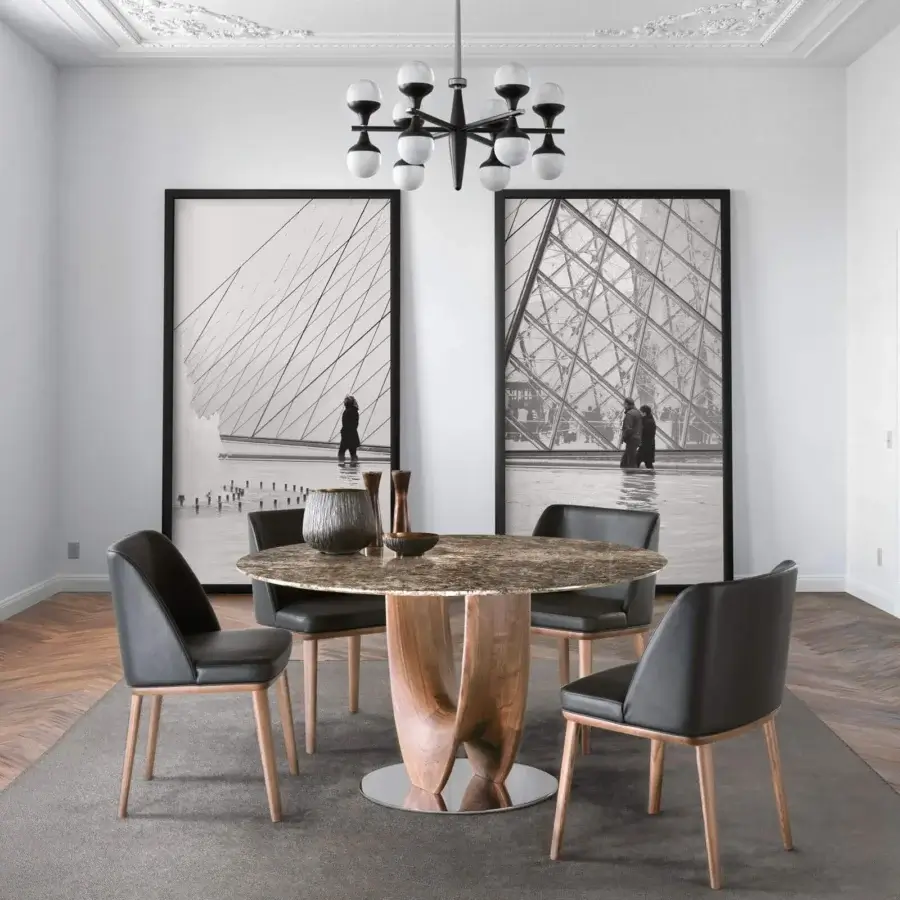 Elegant Pacini & Cappellini Axis table with polished natural marble and a satin finished curved wood structure built on a titanium plate base