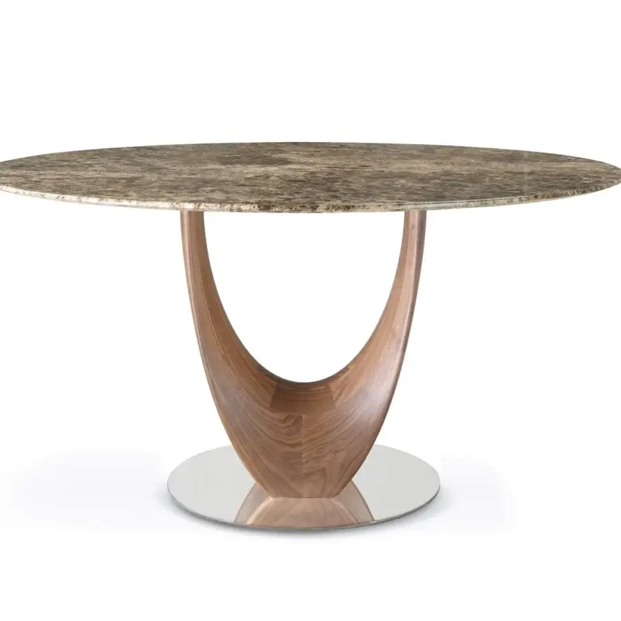 Distinguished Pacini & Cappellini Axis table with polished natural marble and a dramatically curved wood base in brown tones