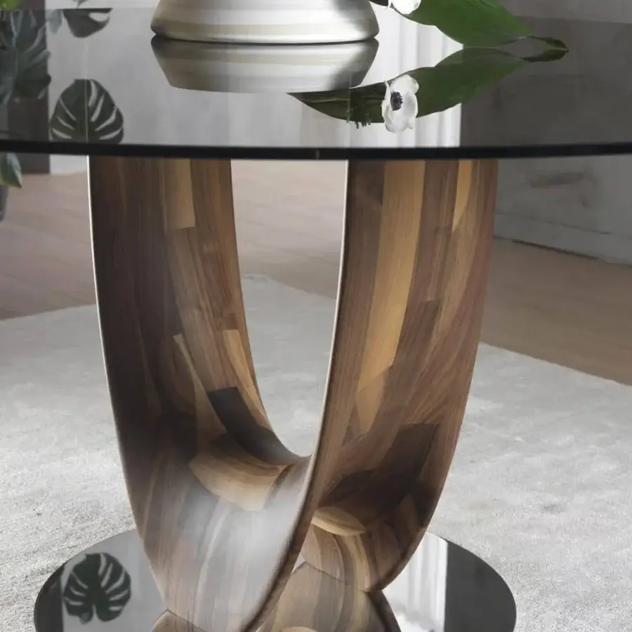 Elegant Pacini & Cappellini Axis table with tempered glass top and glossy mosaic light-dark brown wood U-shaped base built with a chromed metal plate