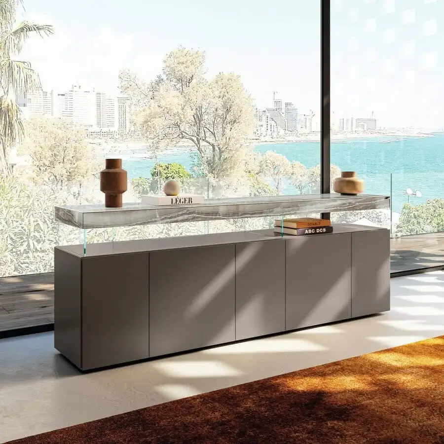 Distinctive Lago Air sideboard with Wildwood top and sleek gray body, built with transparent tempered glass supports and matte finish