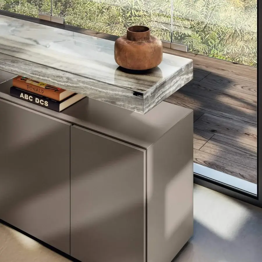Superior Lago Air sideboard with Wildwood top in XGlass and taupe cabinet, built with matte finish and transparent legs