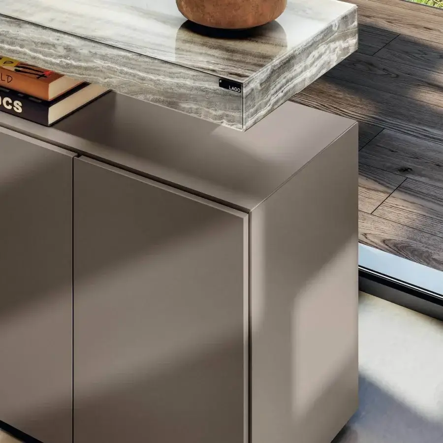 Distinguished Lago Air sideboard with floating Wildwood top, transparent glass, and muted brown matte finish