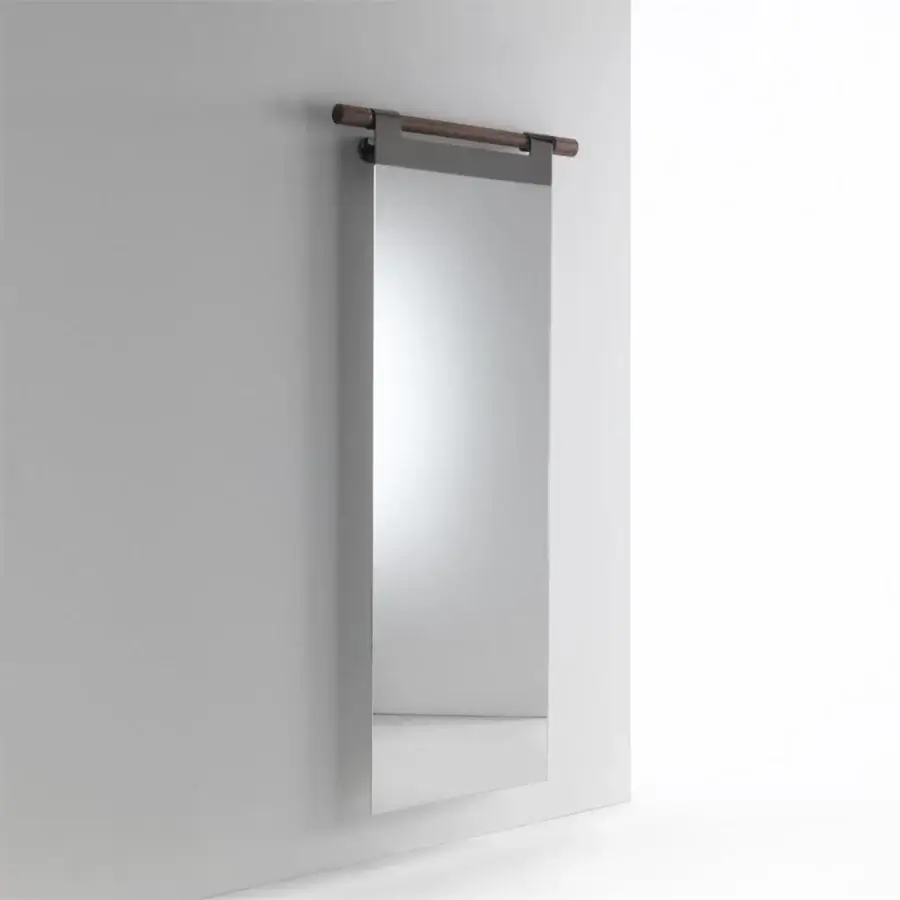 Elegant Porada Hook mirror with frameless glass suspended from Canaletto Walnut and chromed metal detailing in a smooth finish