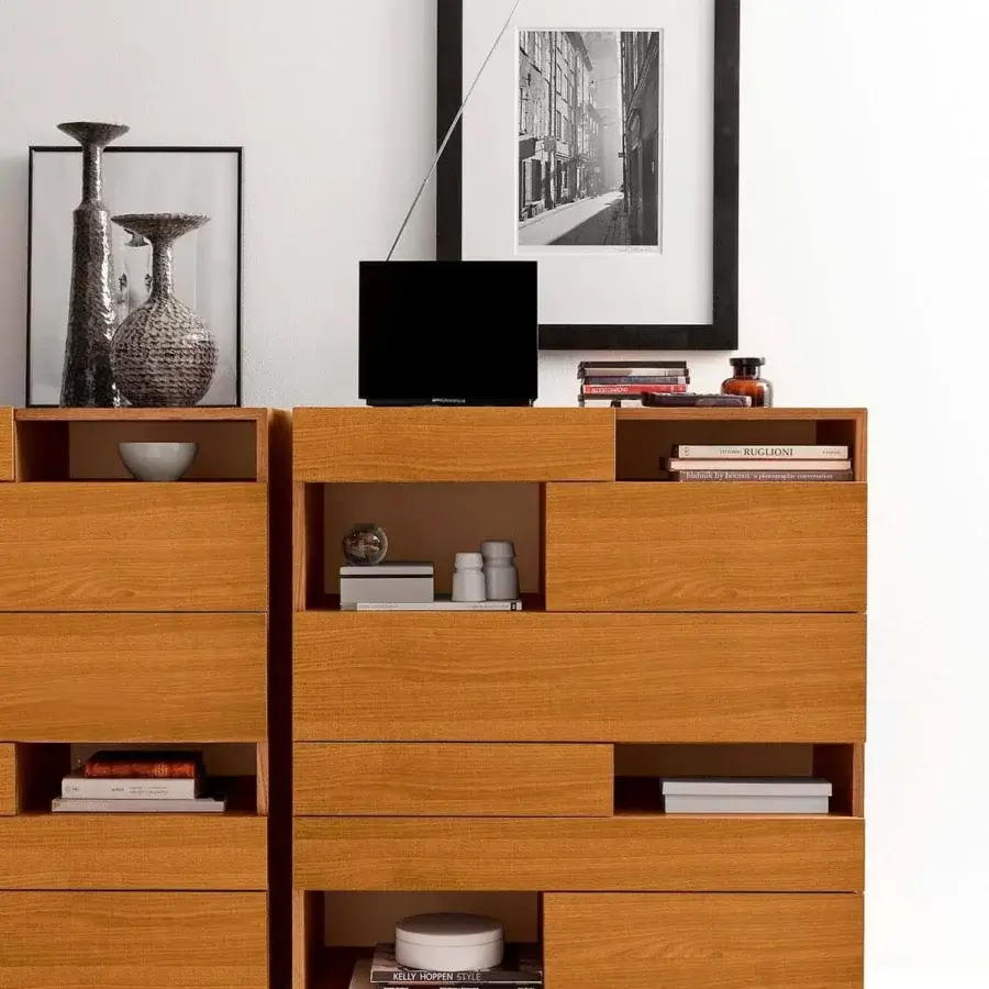 Innovative Presotto Wing dresser with wood particleboard structure and MDF drawers in medium-toned brown matt lacquer finish