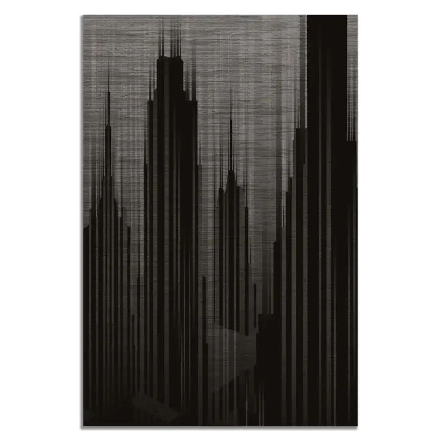 Avant-garde CONTROVENTO WAYNE Enterprises WE-006 rug with dark gray cityscape design against textured light gray pure new wool