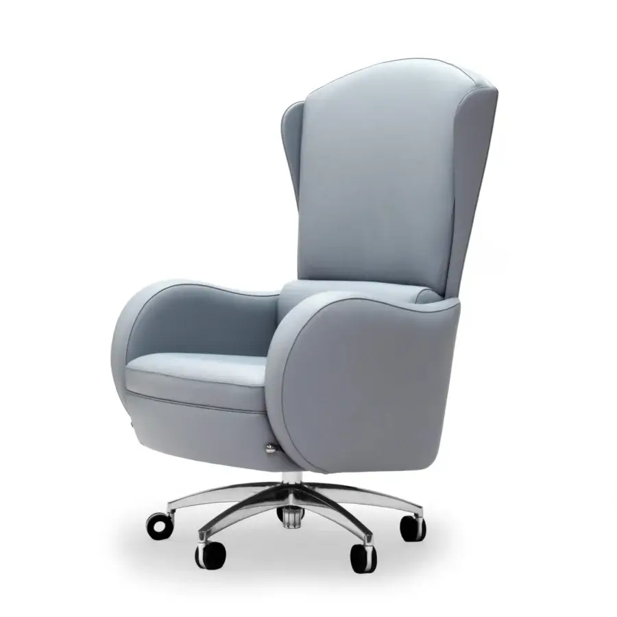 Superior Mascheroni I.E.D armchair with a steel 5-spoke base and light grey smooth synthetic upholstery crafted in birch shaped wood