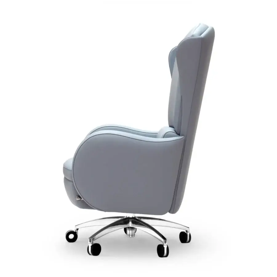 Distinguished Mascheroni I.E.D armchair crafted with a steel 5-spoke base and light gray natural ox leather upholstery