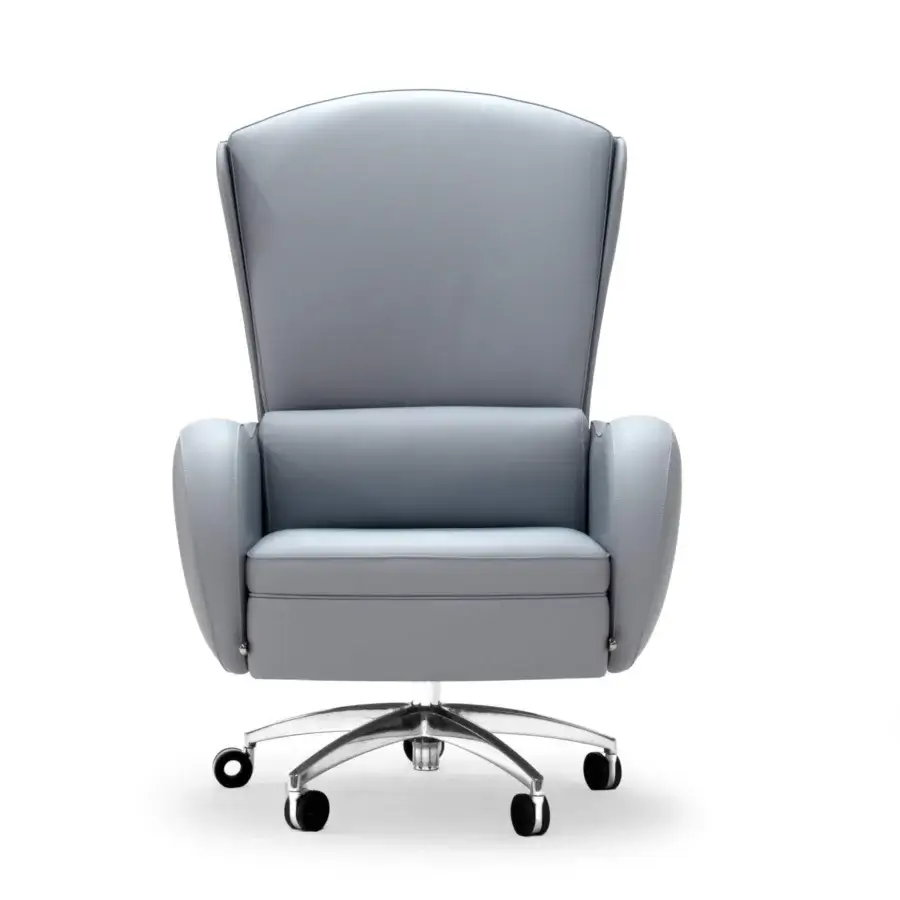 Exceptional Mascheroni I.E.D armchair built with light gray natural ox leather and a steel 5-spoke swivel base