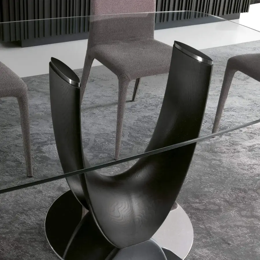 Distinguished Pacini & Cappellini Axis table with a curved wood structure and clear tempered glass top crafted with chromed metal accents