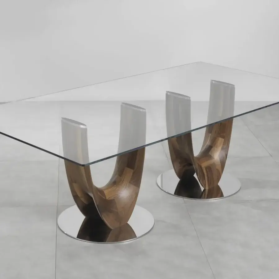 Superior Pacini & Cappellini Axis table with a tempered glass top and looped medium brown wood structure built with chromed metal