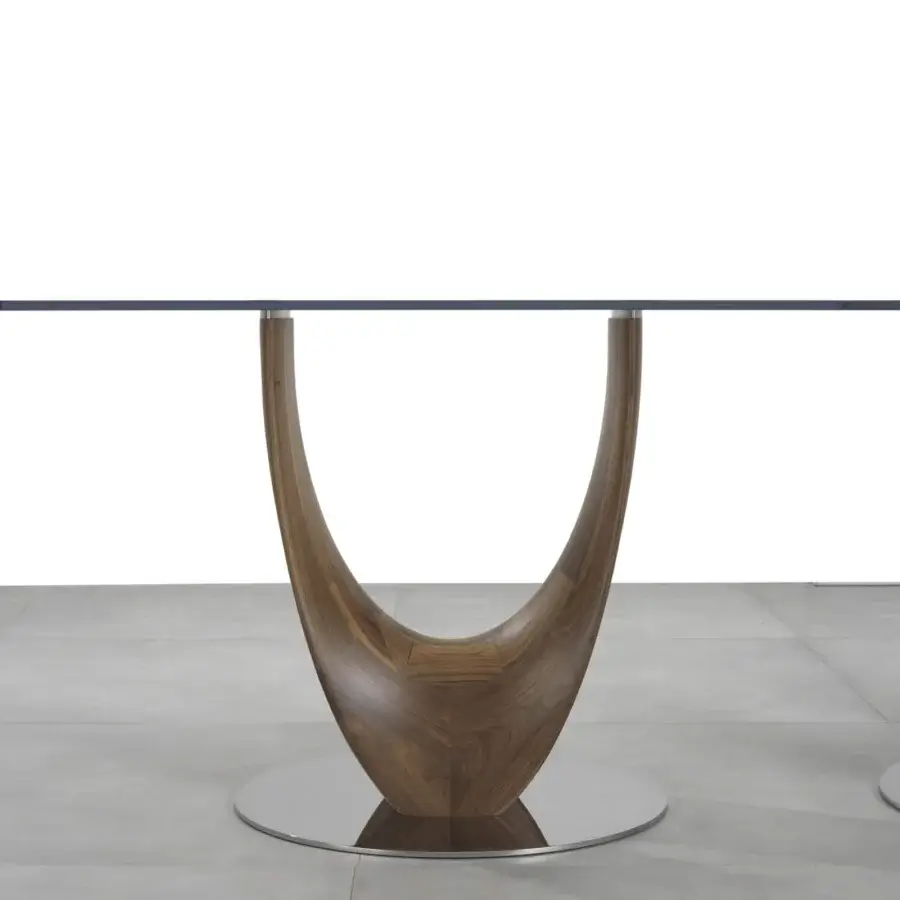 Exceptional Pacini & Cappellini Axis table with a tempered glass top and smooth, rich brown wooden structure built with a chrome metal base