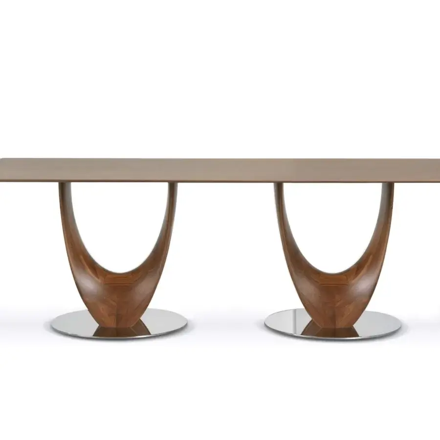 Distinguished Pacini & Cappellini Axis table crafted in Italian design with a veneered wood top and uniquely shaped dark brown wood bases
