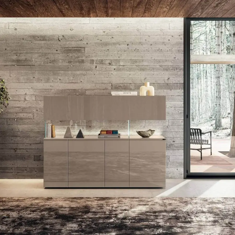 Exceptional Lago Air cupboard with alternating open shelves and closed volumes in beige XGlass and transparent tempered glass with glossy finish