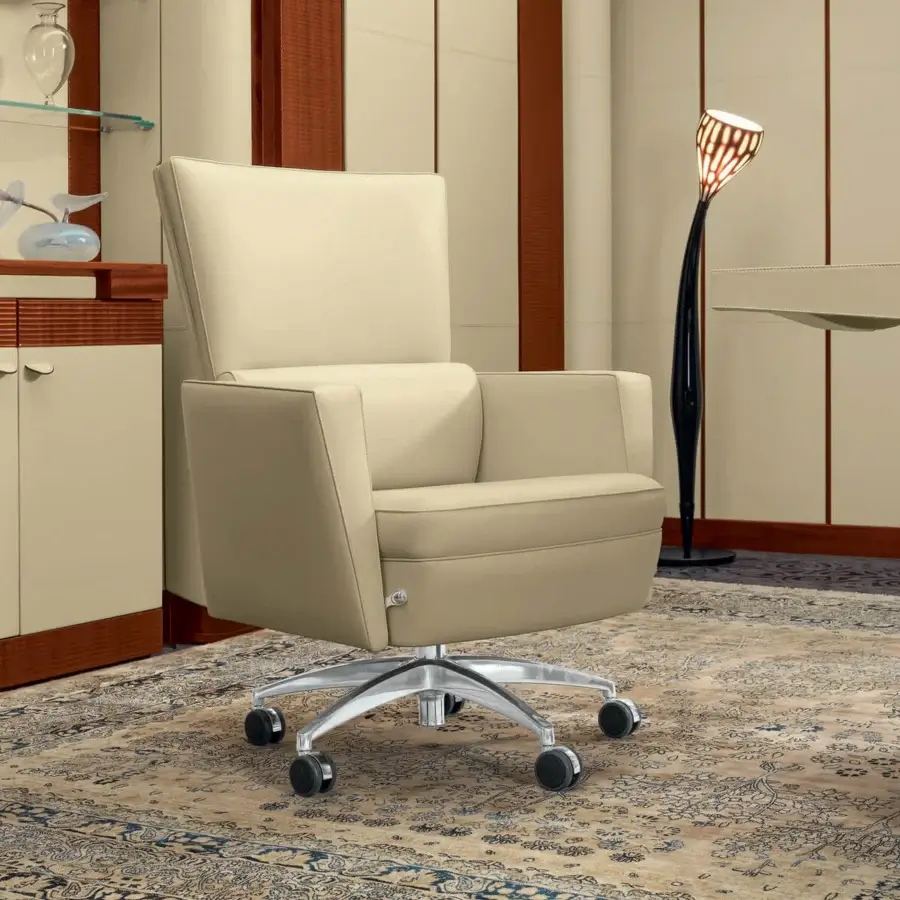 Sophisticated Mascheroni Kronos armchair with light beige synthetic leather upholstery and a five-spoke steel swivel base